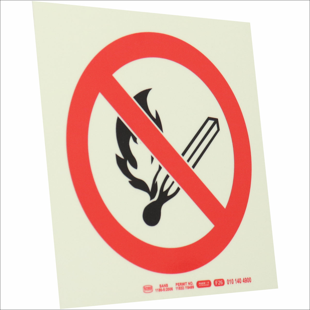 PHOTOLUMINESCENT 190MM SAFETY SIGN - F26-NO OPEN OR NAKED FLAMES
