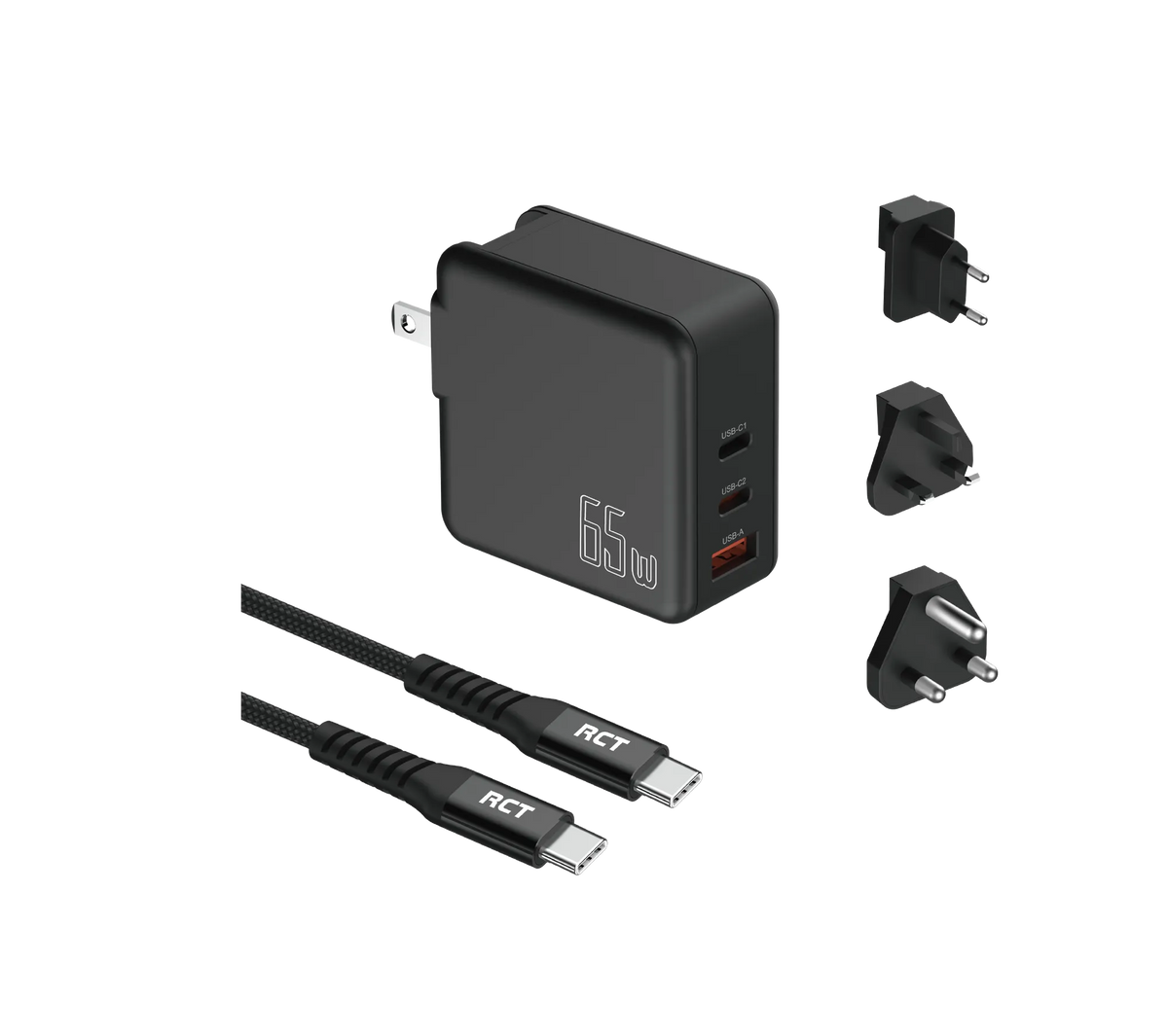 RCT 65W GaN Fast Charging Travel Kit | Travel Adapter + (EU+UK+SA) Plug & Fast Charging Cable | 1 year carry-in warranty