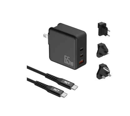 RCT 65W GaN Fast Charging Travel Kit | Travel Adapter + (EU+UK+SA) Plug & Fast Charging Cable | 1 year carry-in warranty