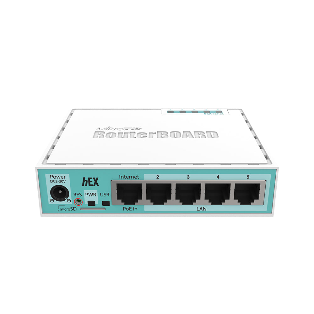 MikroTik hEX, Desktop Router, 5x GB LAN ports, USB, RouterOS L4, plastic case, PSU