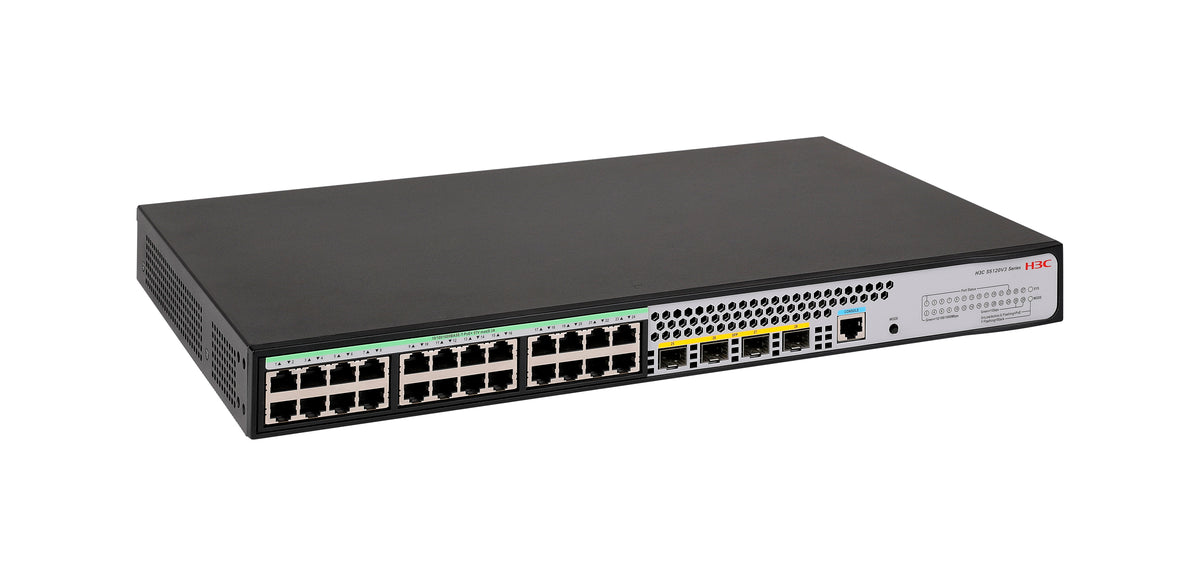 H3C SMB S5120V3-28P-PWR-LI Layer 3 Ethernet Switch with 24x 10/100/1000Mbps Ethernet PoE+ Ports and 4x 1Gbps SFP Ports, 240W PoE+ Capacity, AC PSU