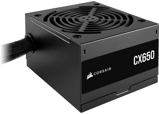Corsair CX650 — 650 Watt 80 PLUS Bronze; 5yr Warranty; ATX (1); EPS (1); PCI-E (2); 4-Pin Peripheral (2); SATA (3).