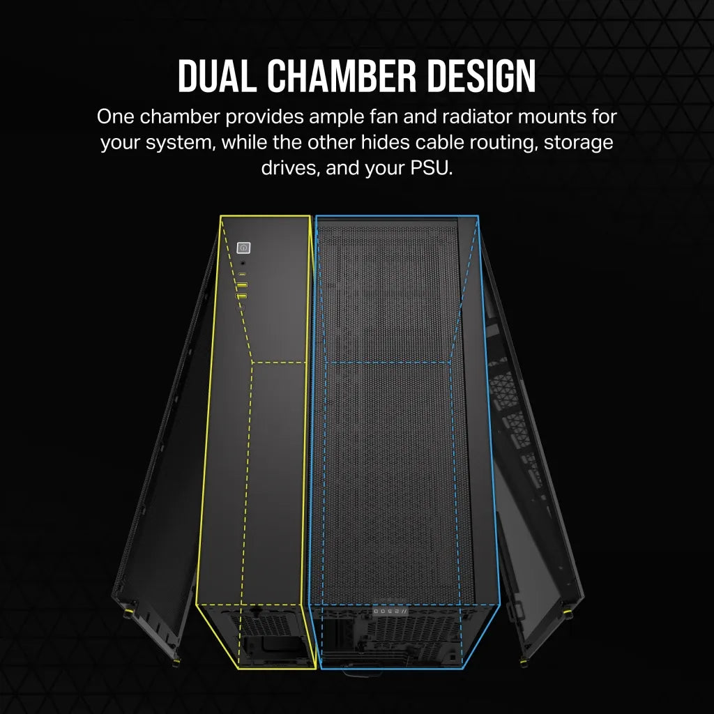 2500D Airflow Black Mid-Tower Dual Chamber PC Case; 2x 3.5'' | 2x 2.5'' Drive Bays; Up to 360mm Radiator compatible
