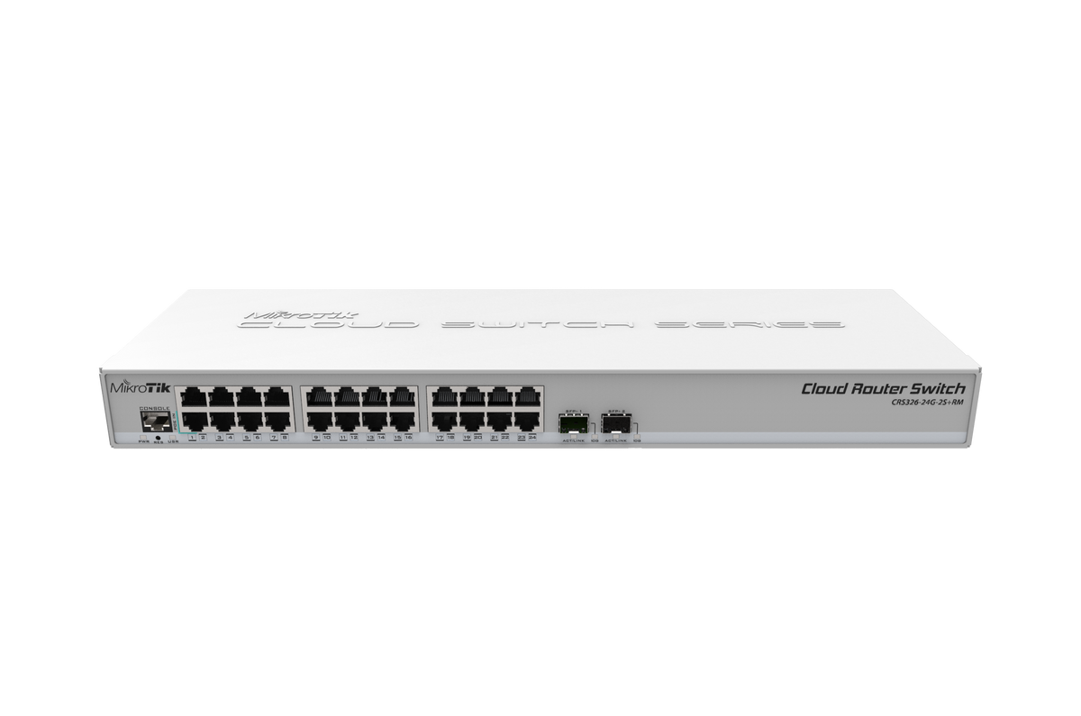 Mikrotik Cloud Router Switch 326-24G-2S+RM with 800MHz CPU, 512MB RAM, 24xGigabit LAN, 2xSFP+ cages, RouterOS L5 or SwitchOS (dual boot), 1U rackmount case, PSU