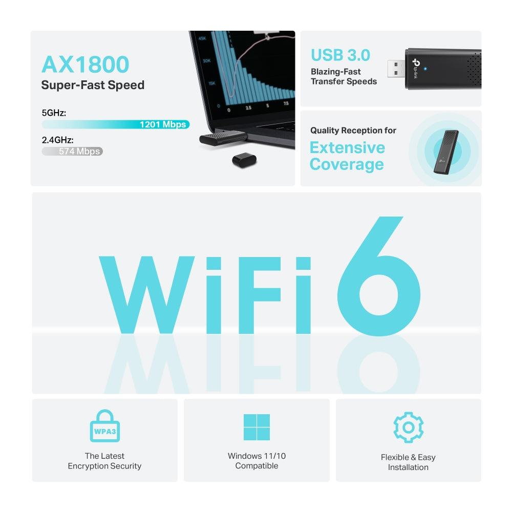 TP-Link AX1800 Dual-Band Wi-Fi 6 USB Adapter 1.8 Gbps USB 3.0 Internal Antennas OFDMA WPA3