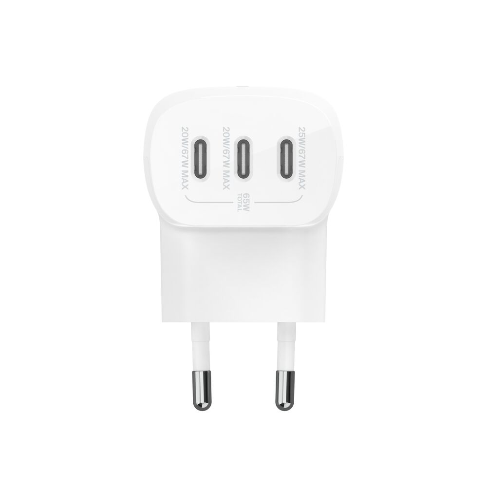 Belkin - BoostCharge - 67 Watt Wall Charger with 3 x USB-C Ports Power Delivery Wall Charger with 2 Meter USB-C to USB-C Cable - White
