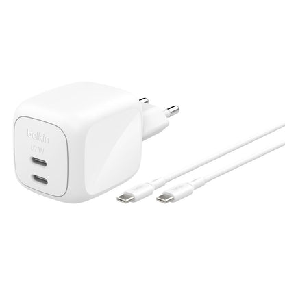Belkin - BoostCharge 67 Watt 2 x USB-C Ports Dual Port GaN Charger with Cable - White