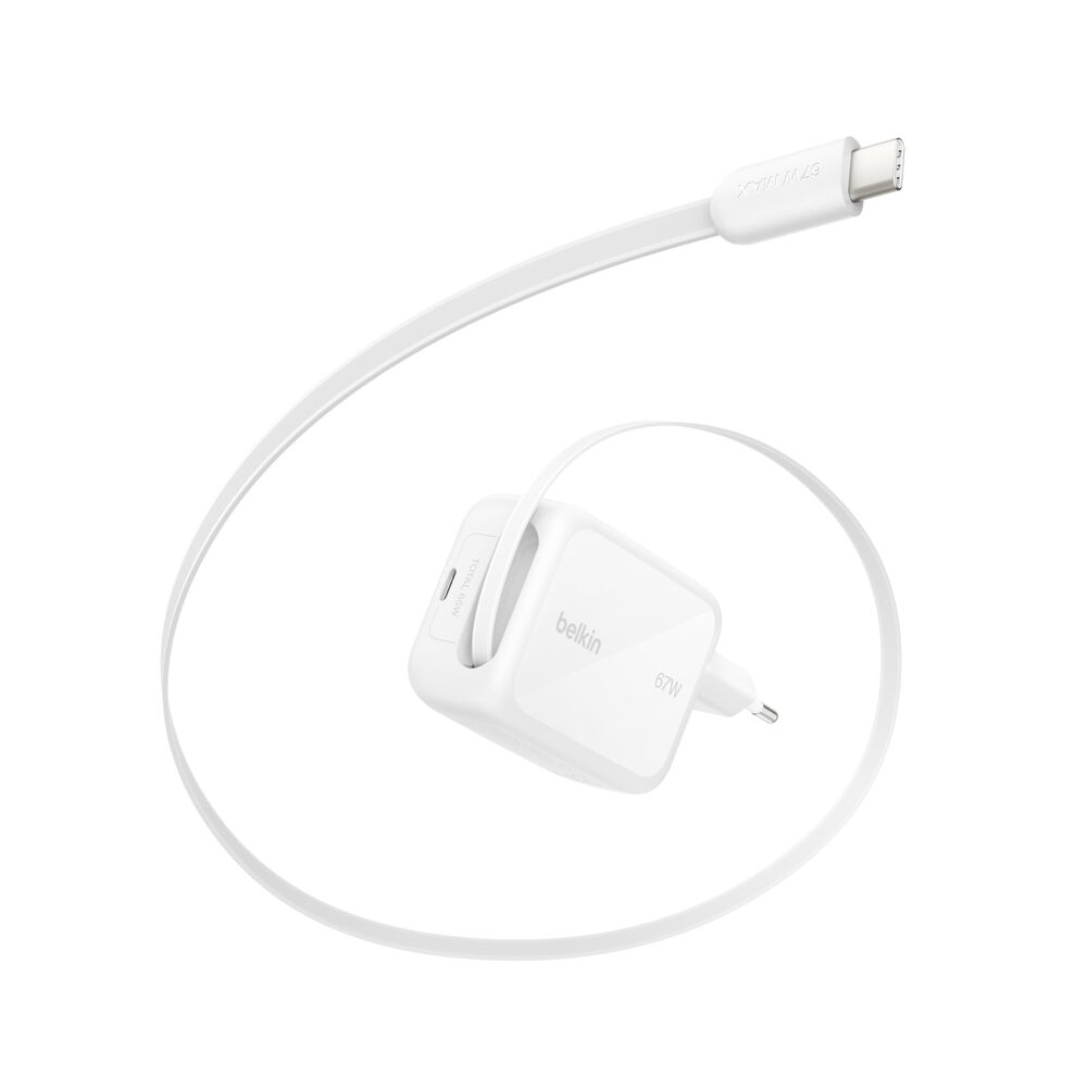 Belkin - BoostCharge Dual - USB-C 67 Watt Wall Charger With Rectractable USB-C Cable - White