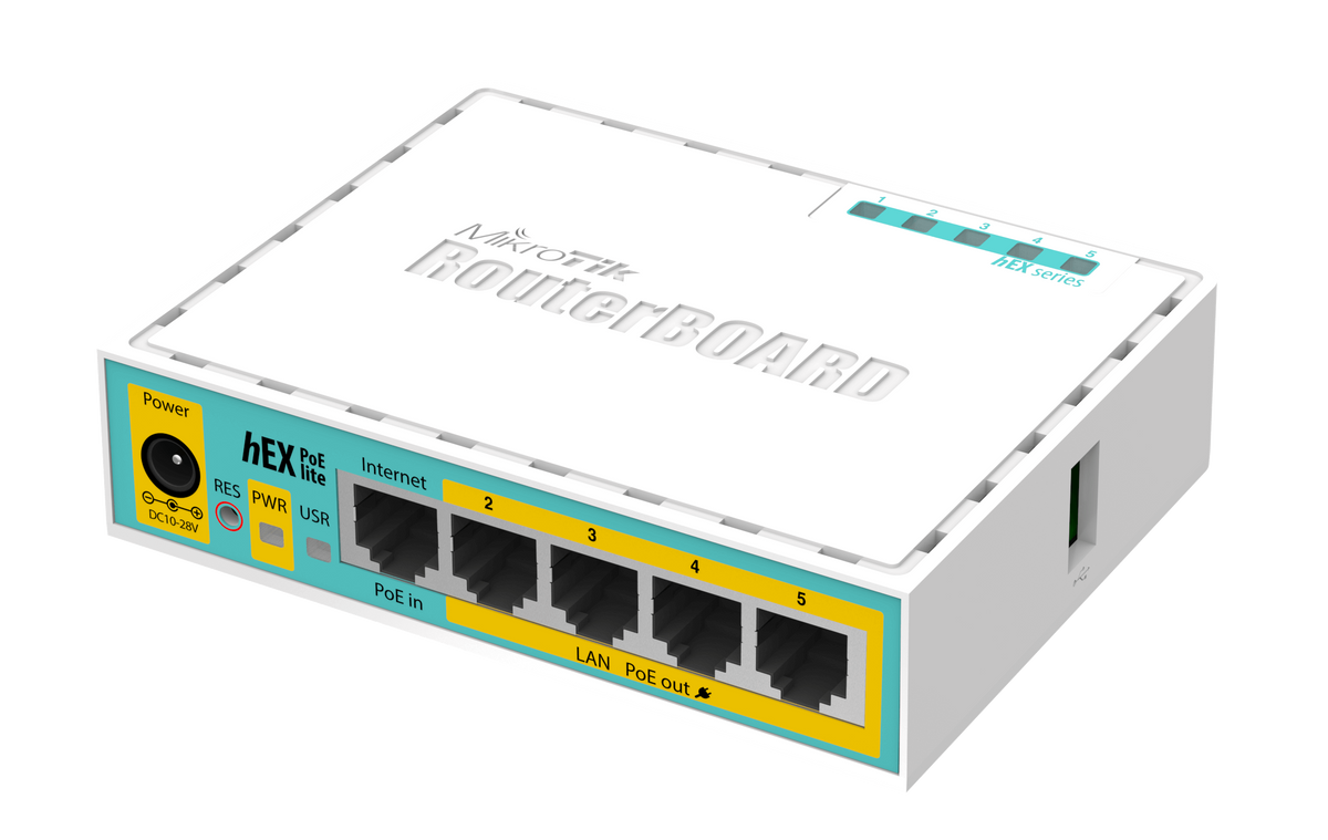 MikroTik hEX PoE Lite - Desktop PoE Router with 5 10/100 LAN ports and 1 USB port