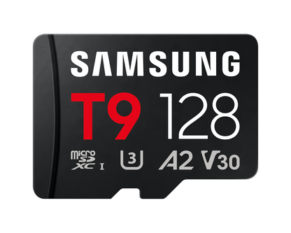 Samsung MB-MH128T T9 microSDXC Card; 128GB; Read : up to 200MB/s Write : up to 130MB/s with UHS-1 interface; Speed Class (U3; V