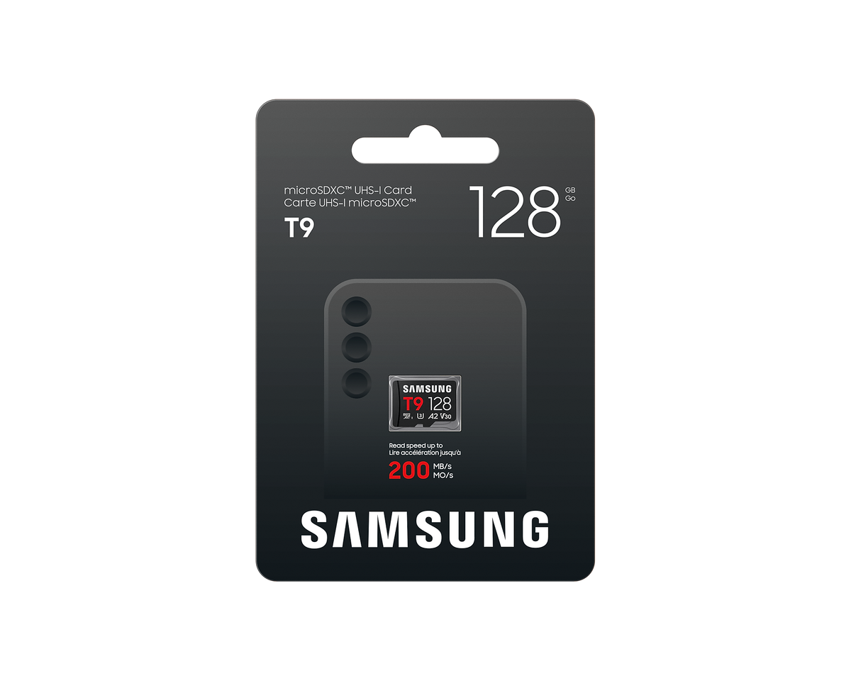 Samsung MB-MH128T T9 microSDXC Card; 128GB; Read : up to 200MB/s Write : up to 130MB/s with UHS-1 interface; Speed Class (U3; V