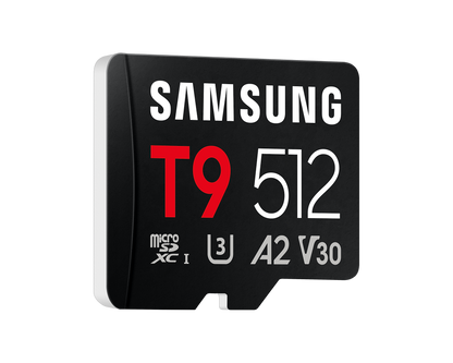 Samsung MB-MH512T T9 microSDXC Card; 512GB; Read : up to 200MB/s Write : up to 130MB/s with UHS-1 interface; Speed Class (U3; V
