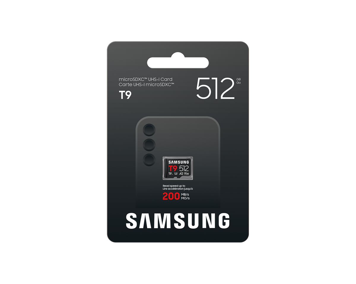 Samsung MB-MH512T T9 microSDXC Card; 512GB; Read : up to 200MB/s Write : up to 130MB/s with UHS-1 interface; Speed Class (U3; V