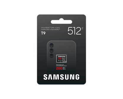 Samsung MB-MH512T T9 microSDXC Card; 512GB; Read : up to 200MB/s Write : up to 130MB/s with UHS-1 interface; Speed Class (U3; V