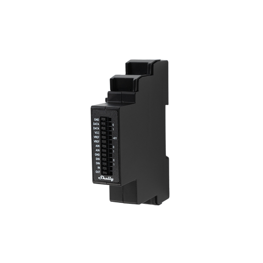Shelly Galvanically isolated DIN-rail add-on for Shelly Pro devices, connecting DS18B20/DHT22, 0-10 V analog, ±15 V digital, and dry-contact sensors for monitoring and automation in homes or industry.