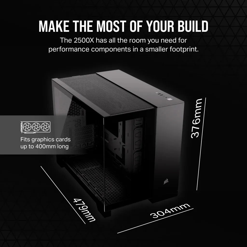 2500D Airflow Black Mid-Tower Dual Chamber PC Case; 2x 3.5'' | 2x 2.5'' Drive Bays; Up to 360mm Radiator compatible