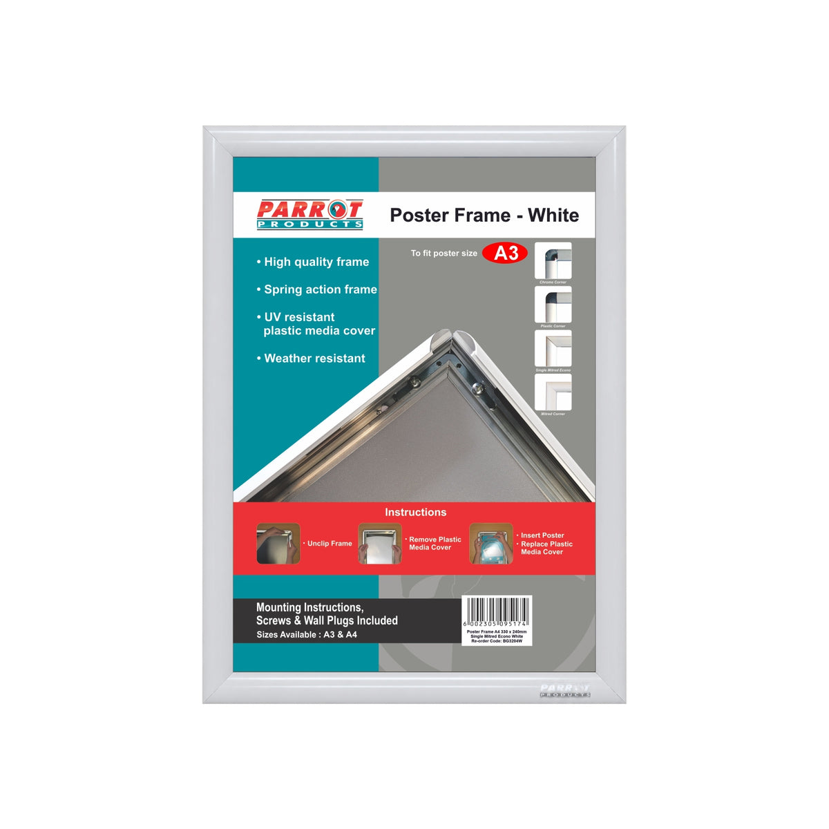 POSTER FRAME A3 450*330MM SINGLE MITRED ECONO WHITE
