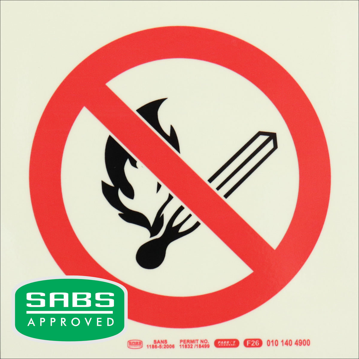 PHOTOLUMINESCENT 190MM SAFETY SIGN - F26-NO OPEN OR NAKED FLAMES