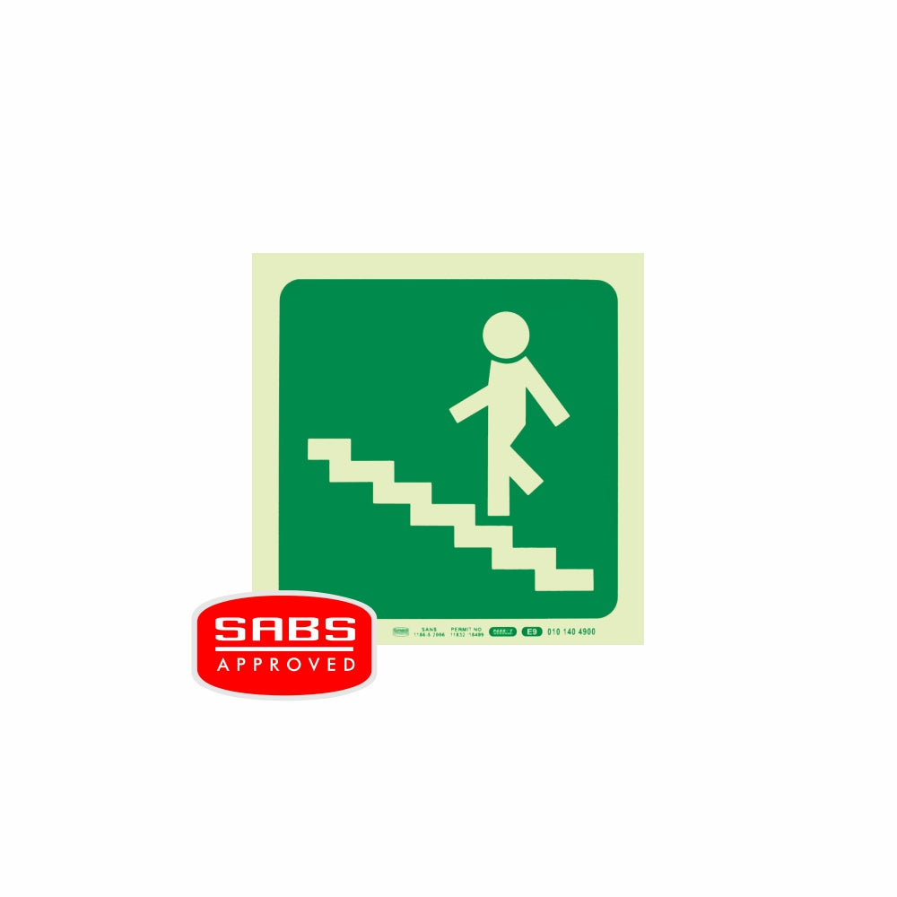 PHOTOLUMINESCENT 190MM SAFETY SIGN -E9-RUNNING MAN ON STAIRS GOING UP AND LEFT