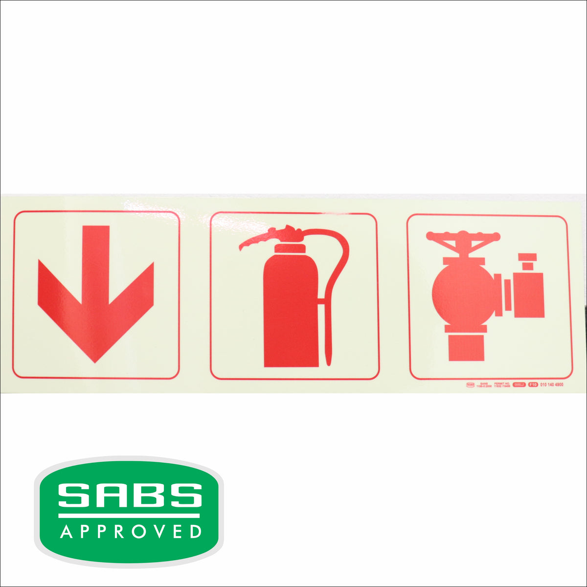 PHOTOLUMINESCENT 190MM SAFETY SIGN - F10-ARROW DOWN+FIRE EXTINGUISHER+FIRE HYDRANT