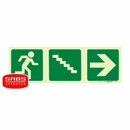 PHOTOLUMINESCENT 190MM SAFETY SIGN -E16-RUNNING MAN+STAIRS GOING DOWN+ARROW RIGHT