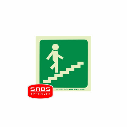 PHOTOLUMINESCENT 190MM SAFETY SIGN -E8-RUNNING MAN ON STAIRS GOING UP AND RIGHT