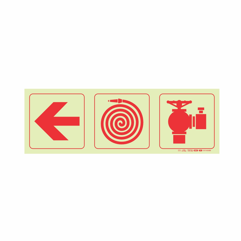PHOTOLUMINESCENT 190MM SAFETY SIGN - F8-ARROW LEFT+FIRE HOSE REEL+FIRE HYDRANT
