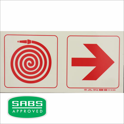 PHOTOLUMINESCENT 190MM SAFETY SIGN - F20-FIRE HOSE REEL+ARROW RIGHT