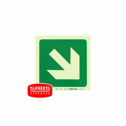 PHOTOLUMINESCENT 190MM SAFETY SIGN -E31-DIAGONAL ARROW DOWN AND RIGHT