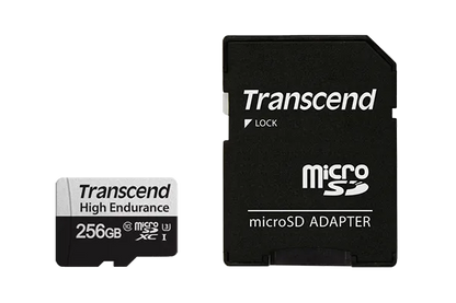 TRANSCEND 350V 256GB HIGH ENDURANCE MICRO SD UHS-I U3 C10 SDXC - READ 100 MB/S - WRITE 45MB/S - WITH SD ADPTOR