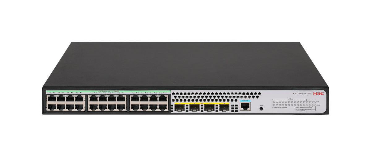 H3C SMB S5120V3-28P-PWR-LI Layer 3 Ethernet Switch with 24x 10/100/1000Mbps Ethernet PoE+ Ports and 4x 1Gbps SFP Ports, 240W PoE+ Capacity, AC PSU