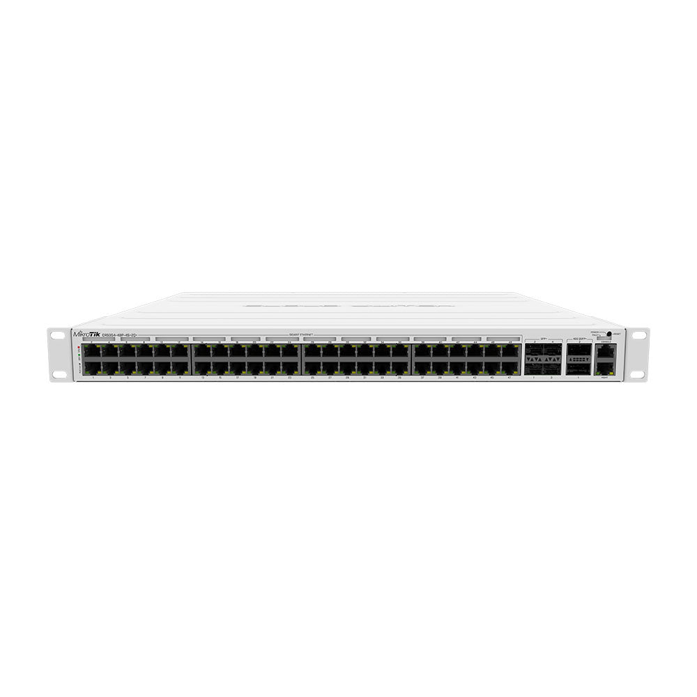 MikroTik Cloud Router Switch CRS354-48P-4S+2Q+RM, 48x GB RJ45 LAN (all PoE-out), 4x 10G SFP+ cages, 2x 40G QSFP+ cages, RouterOS L5, 1U rackmount enclosure, 750W PSU