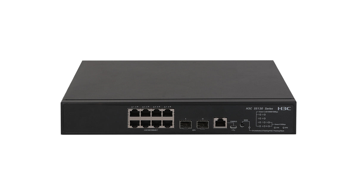 H3C SMB S5130S-10MS-UPWR-EI Layer 2 Ethernet Switch with 8x 1G/2.5G Base-T (UPoE) Ports and 2x 1G/10GBase-X SFP Plus Ports, (AC/DC)