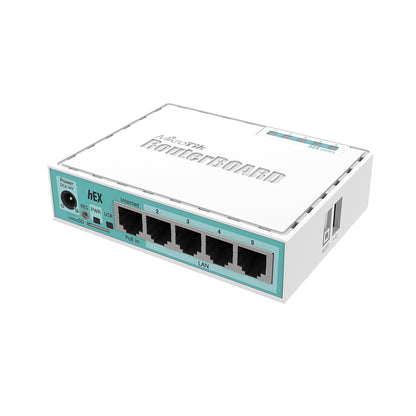 MikroTik hEX, Desktop Router, 5x GB LAN ports, USB, RouterOS L4, plastic case, PSU