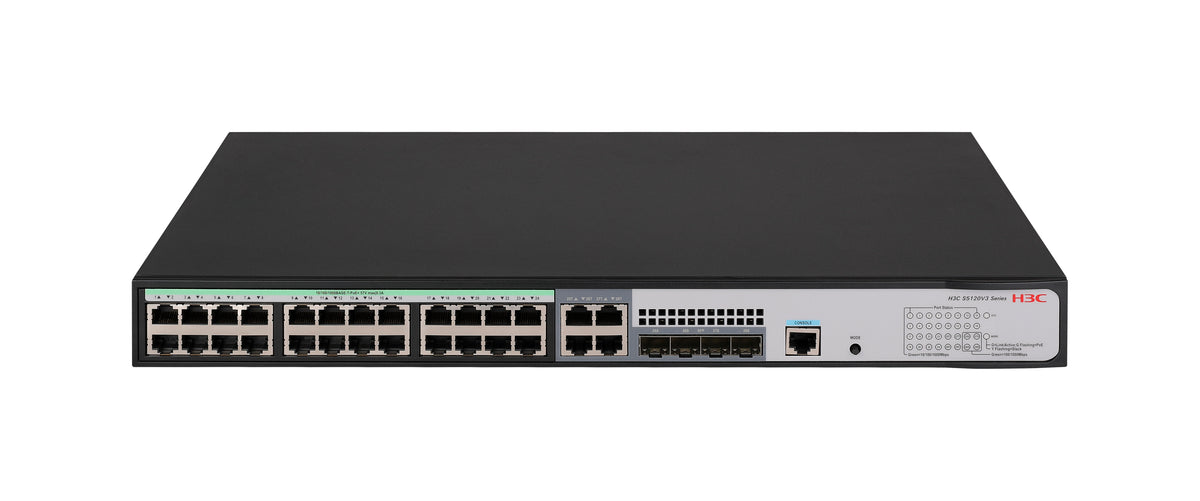 H3C SMB S5120V3-28P-HPWR-LI Layer 3 Ethernet Switch with 24x 10/100/1000Mbps Ethernet PoE+ Ports, 4x 100/1000Mbps SFP Ports, and 4x 1Gbps Combo Ports, 370W PoE+ Capacity, AC PSU