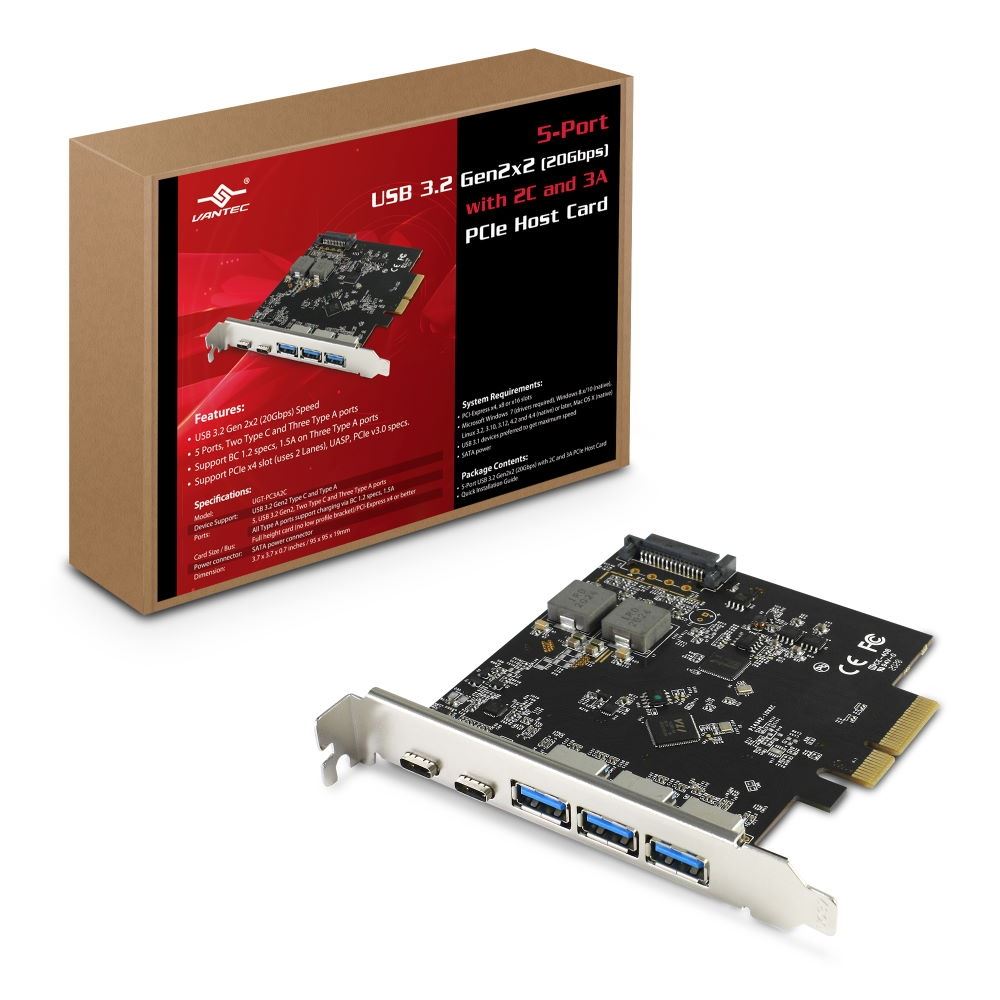 Vantec 5-Port USB 3.2 Gen2x2 (20Gbps) With 2 x USB C & 3 x USB A PCIe x4 Controller Card