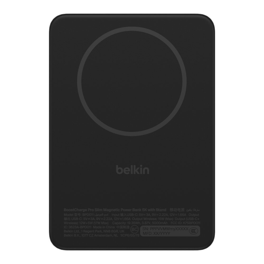 Belkin - BoostCharge Portable Charger Qi2 15W, Slim Magnetic Power Bank 5000mAh with Kickstand, USB C Cable Included, Fast Charging Battery Pack for iPhone, AirPods, Galaxy, Pixel, iPad & More - Black