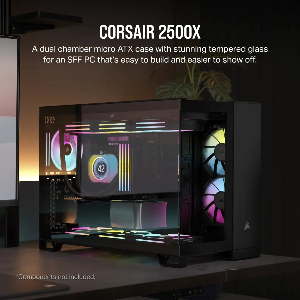 2500D Airflow Black Mid-Tower Dual Chamber PC Case; 2x 3.5'' | 2x 2.5'' Drive Bays; Up to 360mm Radiator compatible
