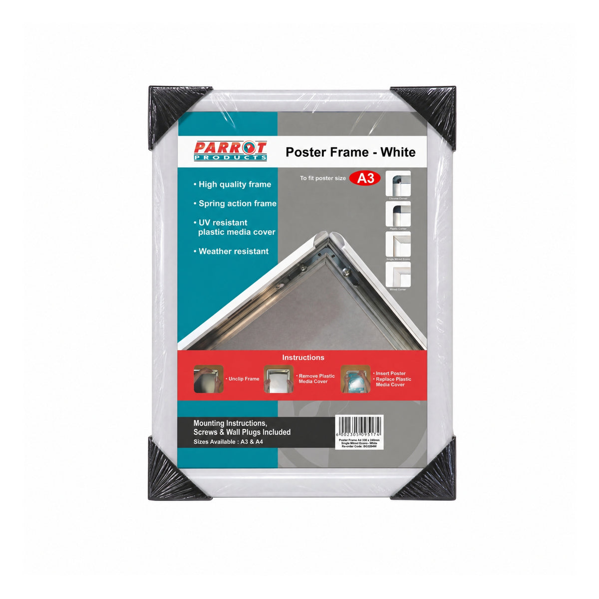 POSTER FRAME A3 450*330MM SINGLE MITRED ECONO WHITE