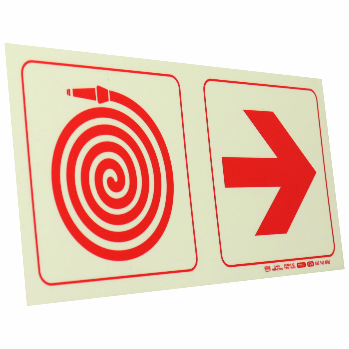 PHOTOLUMINESCENT 190MM SAFETY SIGN - F20-FIRE HOSE REEL+ARROW RIGHT