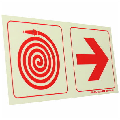 PHOTOLUMINESCENT 190MM SAFETY SIGN - F20-FIRE HOSE REEL+ARROW RIGHT