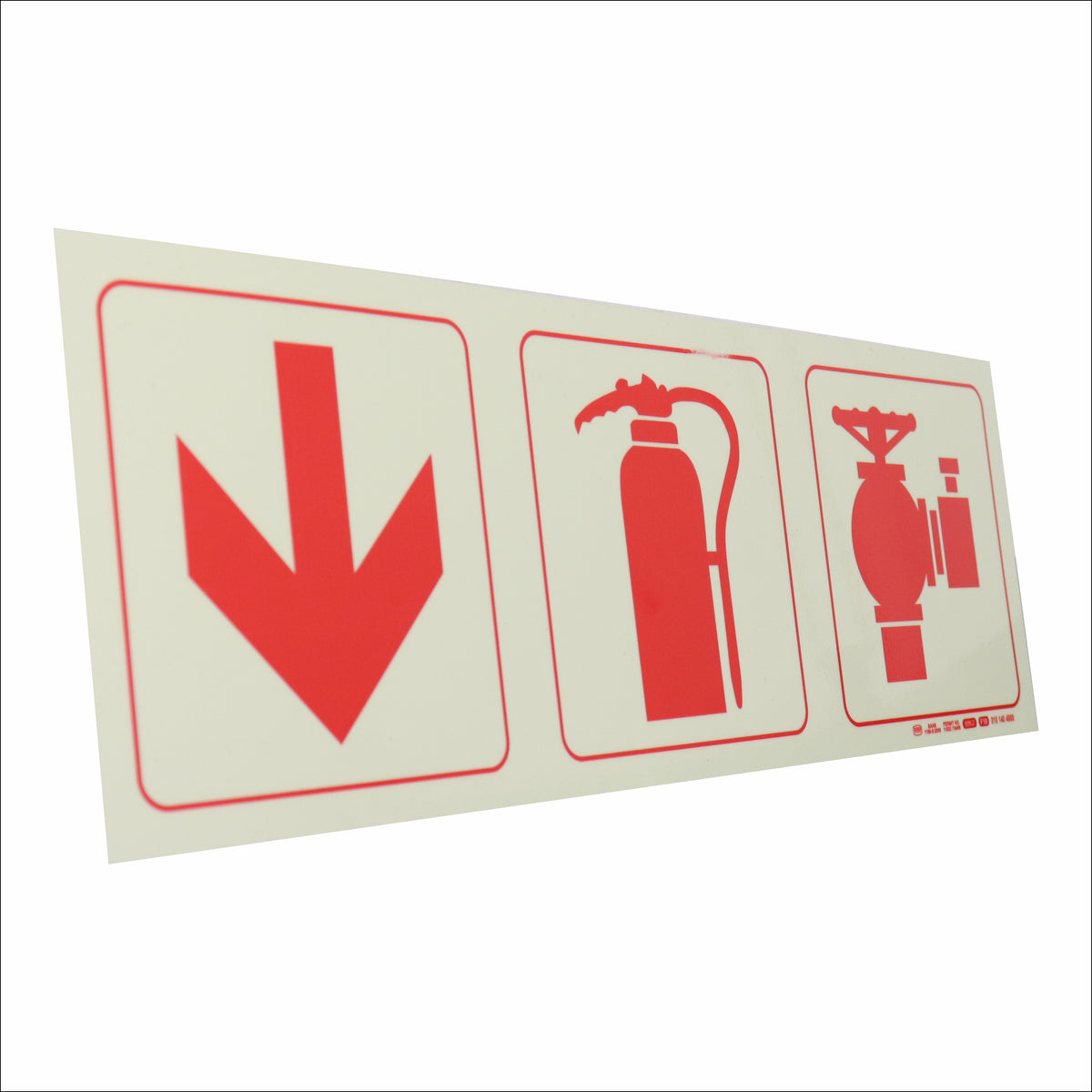 PHOTOLUMINESCENT 190MM SAFETY SIGN - F10-ARROW DOWN+FIRE EXTINGUISHER+FIRE HYDRANT