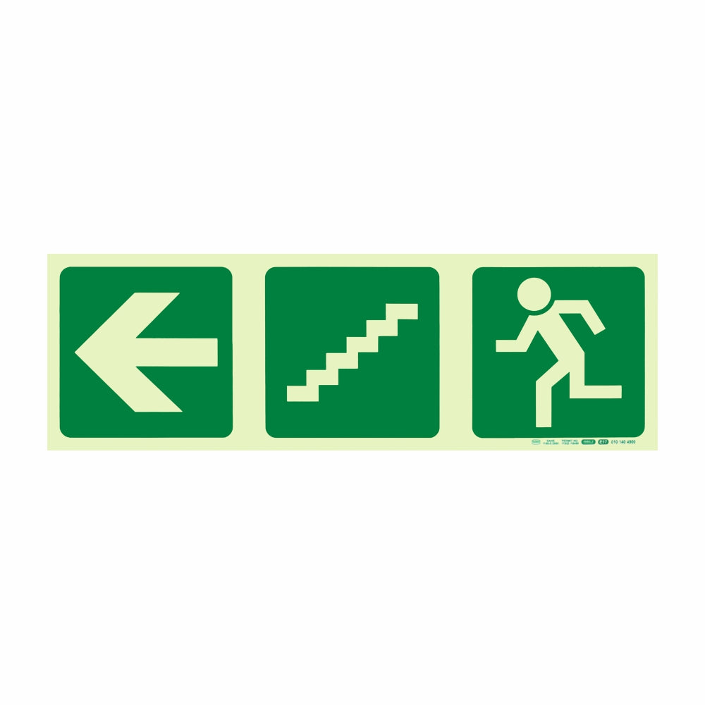 PHOTOLUMINESCENT 190MM SAFETY SIGN -E17-ARROW LEFT+STAIRS GOING DOWN+RUNNING MAN