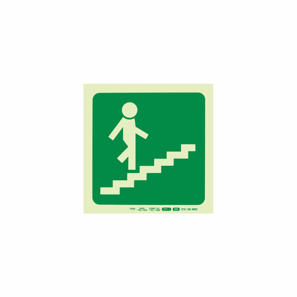 PHOTOLUMINESCENT 190MM SAFETY SIGN -E8-RUNNING MAN ON STAIRS GOING UP AND RIGHT