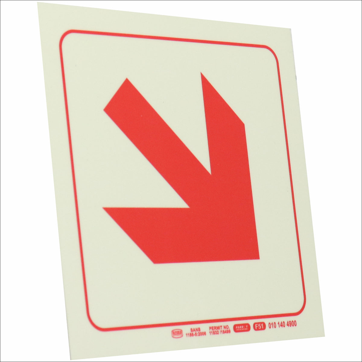 PHOTOLUMINESCENT 190MM SAFETY SIGN - F51-DIAGONAL ARROW DOWN AND RIGHT