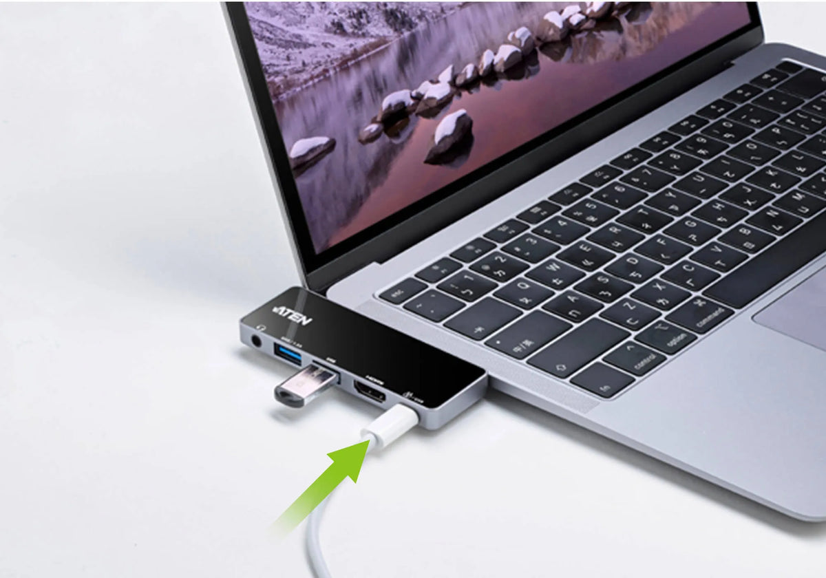 ATEN Dock; USB-C 5-in-1 Travel Dock with Power Pass-Through - 1 x audio port; 2 x USB Type-A ports; 1 x HDMI; 1 x USB-C