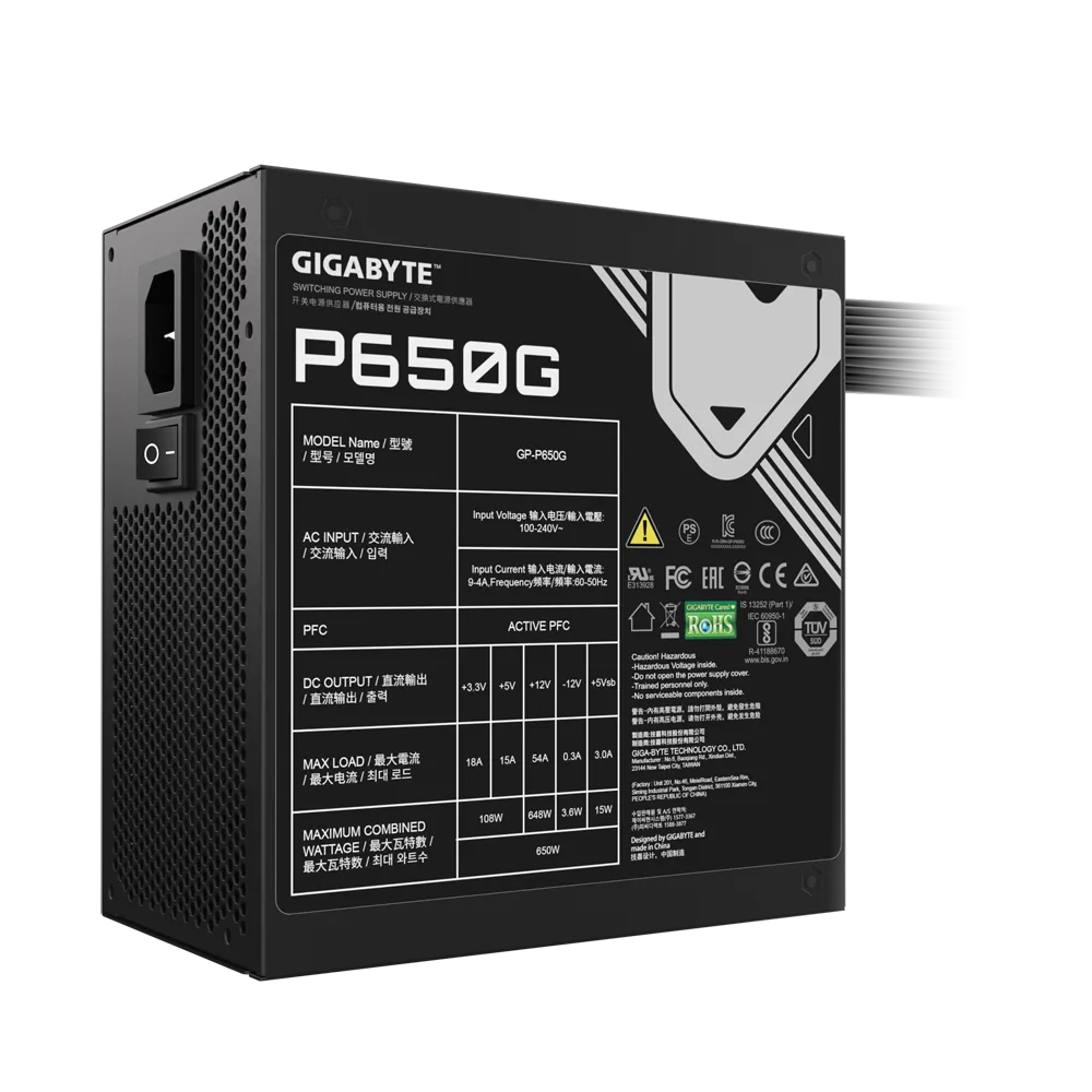 Gigabyte PSU P650G Gold Certified 650W - 3 Year Warranty; 24/20-pin x 1; CPU 4+4-pin x 1; PCI-E 6+2-pin x 2; SATA x 6; Peri x3
