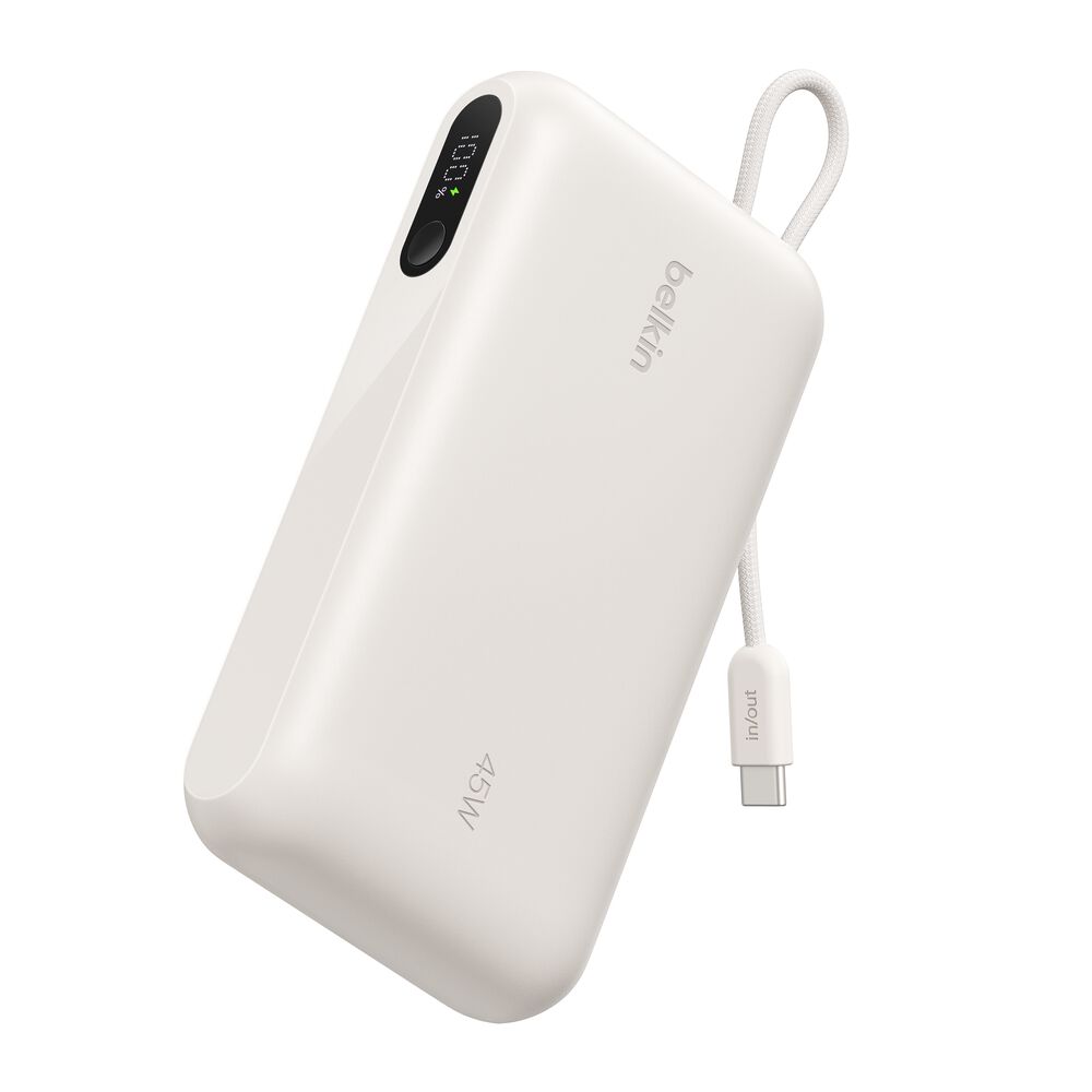 Belkin - UltraCharge 20 000 mAh 45 Watt, Battery Pack with Integrated Cable and Digital Display, Fast Charging USB-C Portable Charger for iPhone, iPad, Galaxy, Pixel, MacBook Air & More - Sand