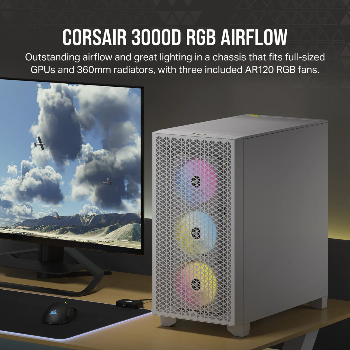 3000D RGB AIRFLOW White Mid-Tower PC Case; 2x 3.5'' | 2x 2.5'' Drive Bays; Up to 360mm Radiator compatible; 3x 120mm fan incl