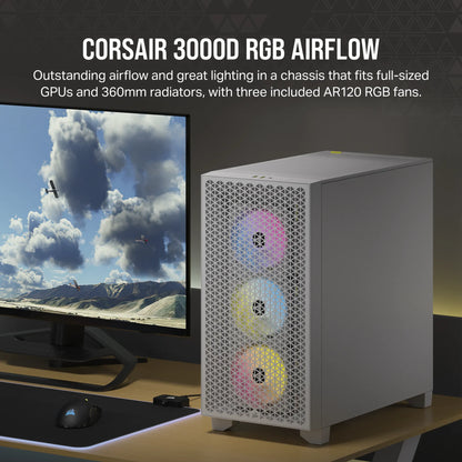 3000D RGB AIRFLOW White Mid-Tower PC Case; 2x 3.5'' | 2x 2.5'' Drive Bays; Up to 360mm Radiator compatible; 3x 120mm fan incl